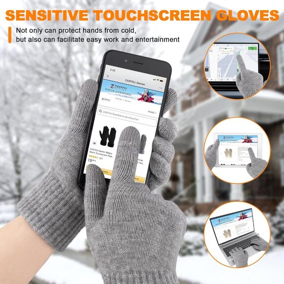 Mens Light Grey Winter Gloves Touchscreen Cold Weather Knit Work Driving Gloves - Picture 3 of 6